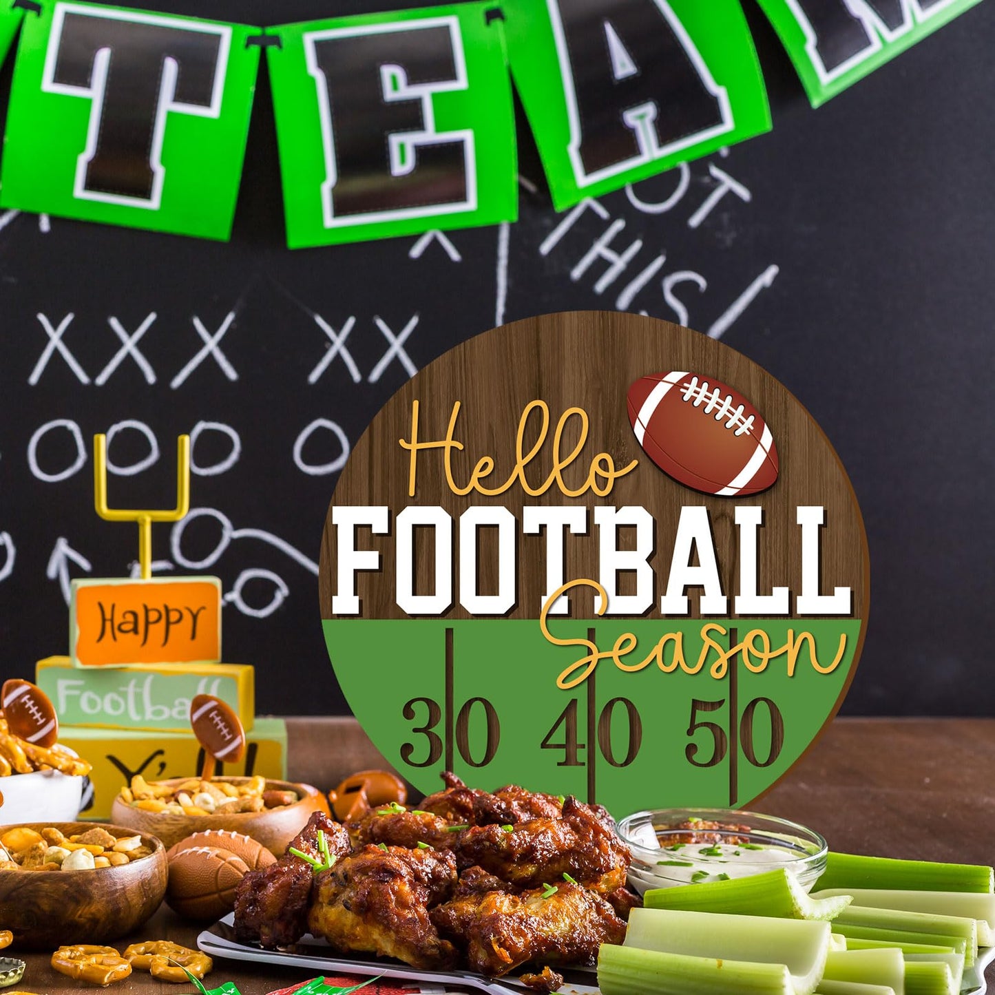 Whaline Football Wooden Hanging Sign Hello Football Season Wall Plaque Sports Game Welcome Wreath Sign Door Hanger for Farmhouse Home Wall Window Porch Tabletop Party Decor Supplies,11.4 Inch