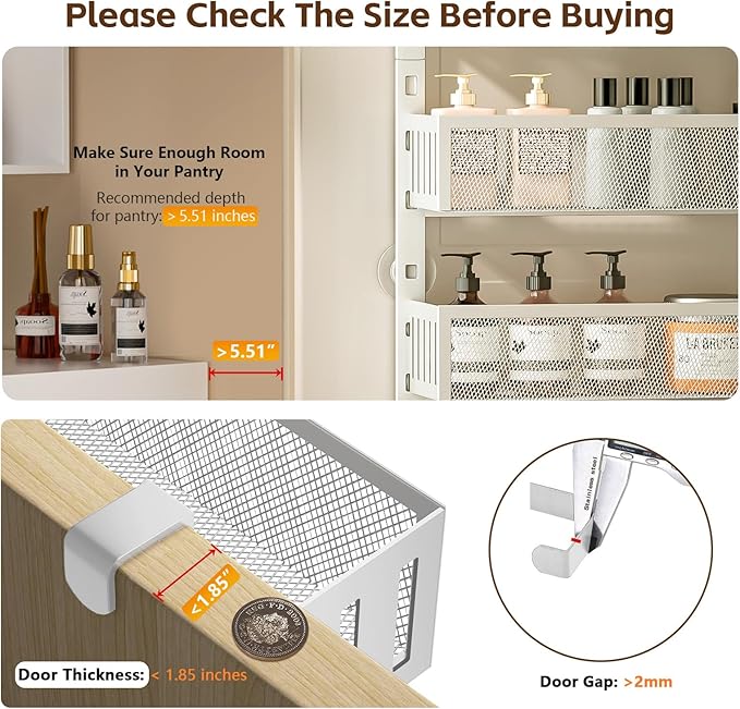 6-Tier Over The Door Pantry Organizer with Mesh Baskets, Adjustable & Stable Hanging Spice Rack for Kitchen, Bathroom, Bedroom, and Baby Essentials Storage