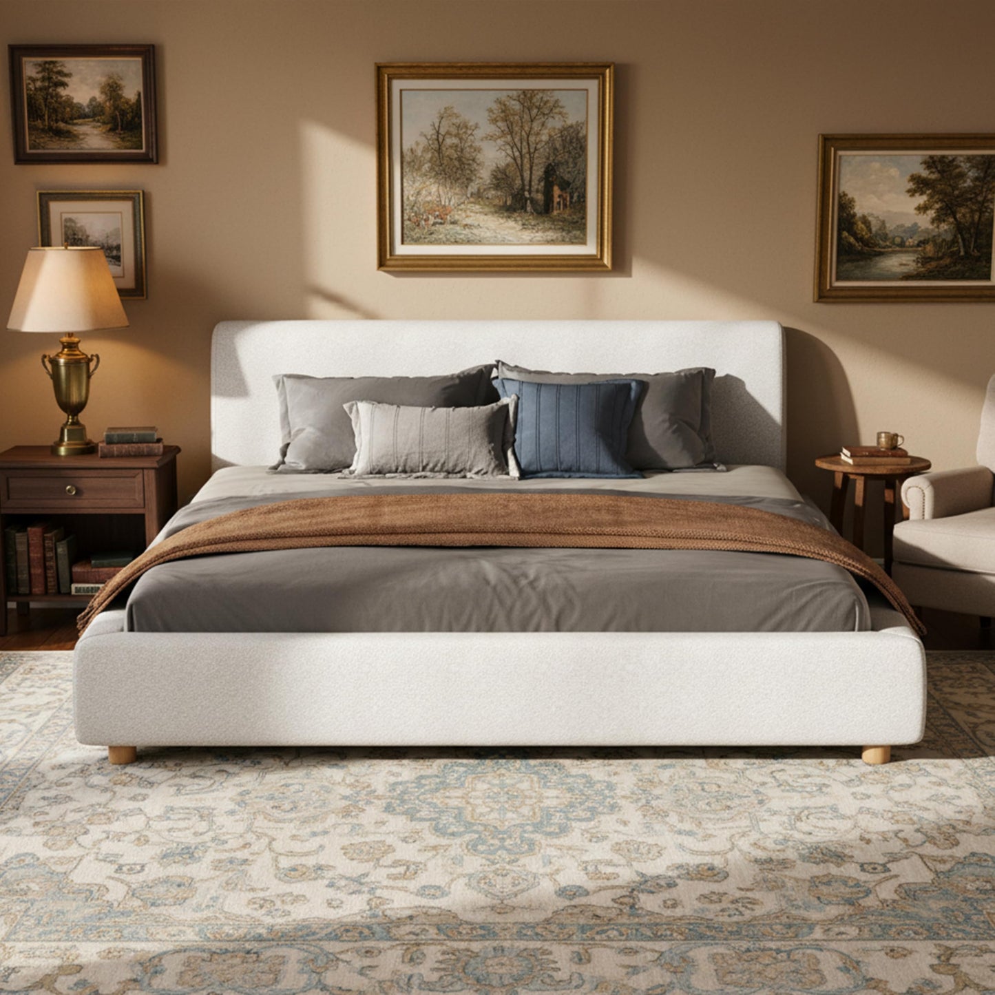 Merax King Size Boucle Upholstered Platform Bed Frame with Headboard,Modern Soft Fabric for Bedroom with Wood Slats Support for Bedroom