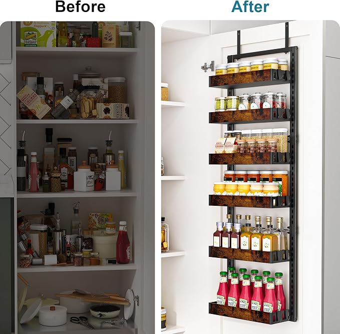 BUKFEN 6-Tier Over the Door Pantry Organizer, 2-in-1 Door Hanging or Wall Mounted Spice Rack with Adjustable Wooden Baskets, Heavy Duty Metal Storage Shelf, 12 Hooks for Kitchen, Bathroom, Closet