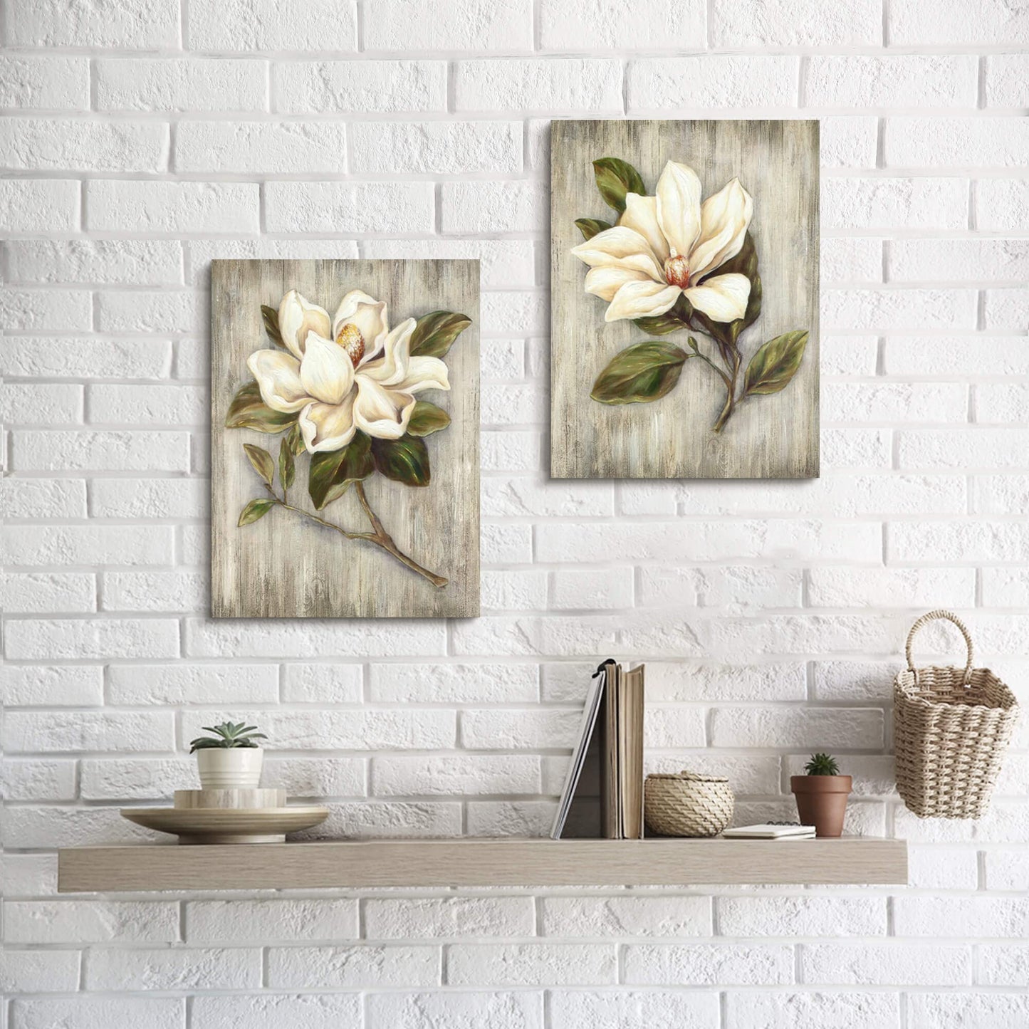 ArtSquare Magnolia Floral Canvas Wall Art: White Flower Artwork on Wood Texture Rustic Nature Blossom Painting Elegant Nature Picture Ready to Hang Prints for Bedroom Kitchen Dining Room