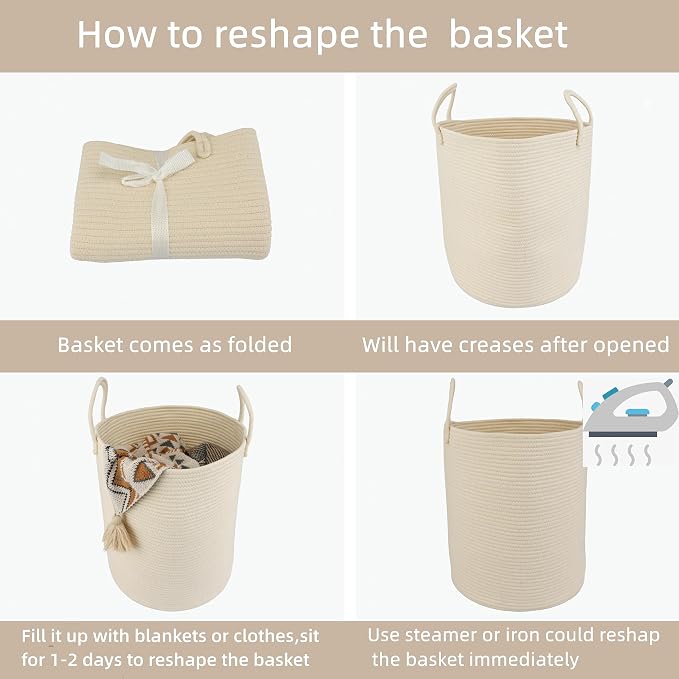 XUANGUO Cotton Rope Laundry Basket Hamper for Clothes Woven Storage Basket for Living Room Bedroom Boho Tall Rope Baskets for Blanket Toys Pillow Towels Baby Nursery Hamper Bin beige
