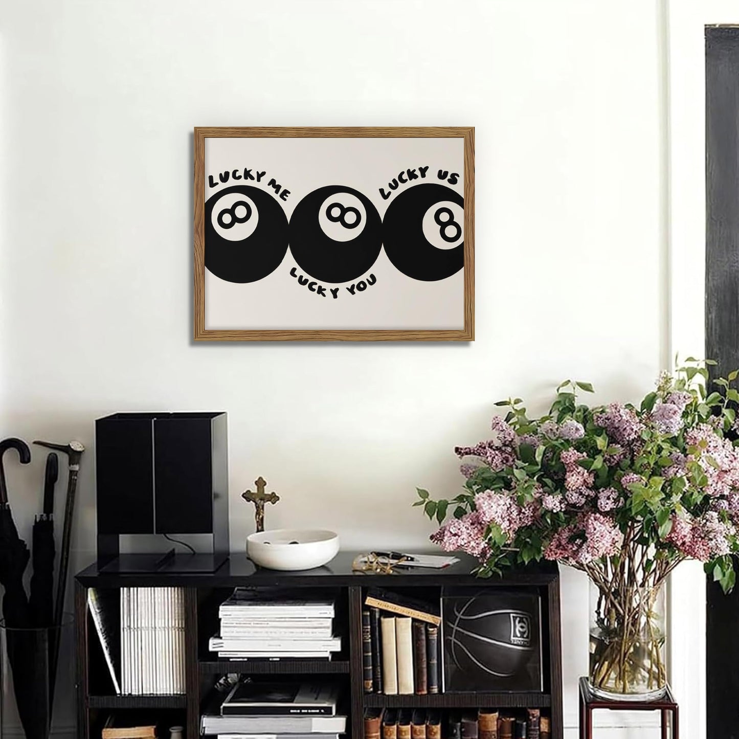 Trendy Black 8 Ball Wall Art, Funny Lucky You Y2k Canvas Wall Decor Painting, Funky Cool Billiards Posters Prints Pictures for Living Room Bedroom Apartment Dorm Room Decor 12x16 Inch Wood Framed