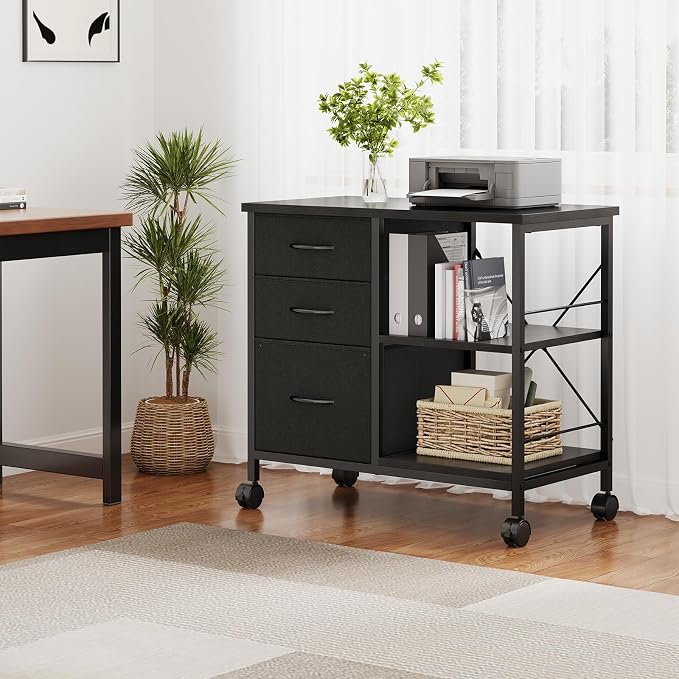 OLIXIS 3-Tier Printer Stand with Fabric Storage Drawer, Rolling Printer Cart with Lockable Wheels and Metal Frame, Under Desk Table with Open Storage Shelf for Small Spaces, Home, Office, Black