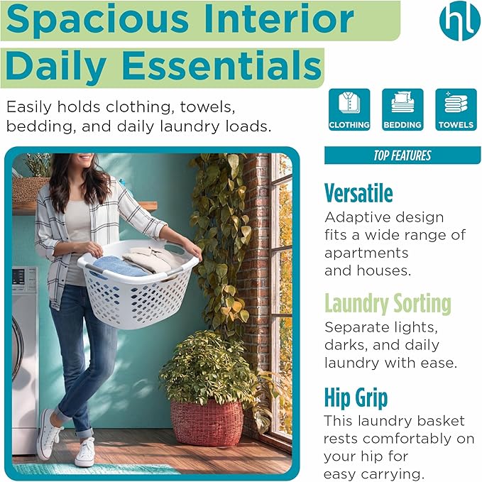 Home Logic 1.75 Bushel Plastic Laundry Basket with Hip Grip, Large Laundry Hamper with Handles, Ventilated Clothes Organizer for Bedroom Bathroom Closet, 2 Pack, White