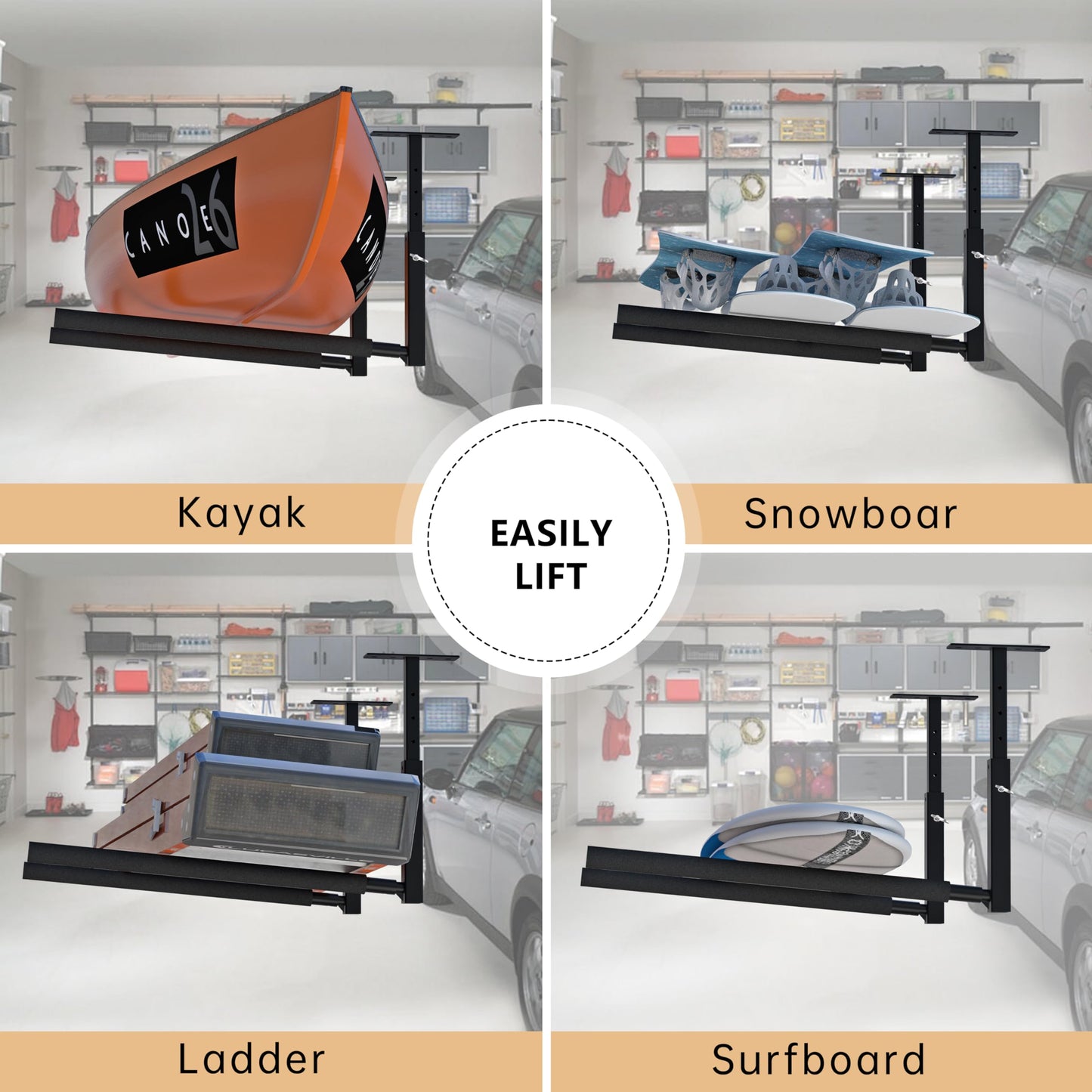 TRUSOON Adjustable Ladder Ceiling Rack, Kayak Overhead Garage Storage Rack, Garage Ceiling Storage for Kayak, Ladder, Surfboard, Snowboar Overhead Hanger, Holds 150 lbs, Black