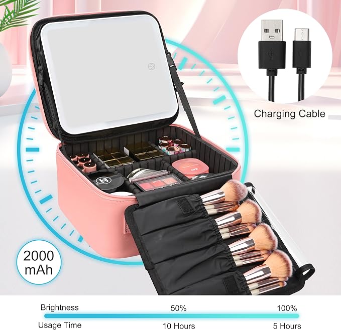 Relavel Travel Makeup Bag With LED Mirror Portable Travel Makeup Organizer 3 Color Adjustable Brightness Waterproof Cosmetic Train Case with Removable Dividers Makeup Storage for Women, Pink
