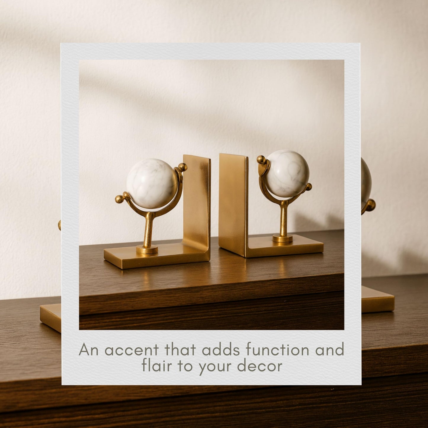 Set of 2 Marble Globe Bookends – Decorative Shelf Decor with Metal Structure and White Marble Base – Modern Home Decor Accent for Bookshelves Desks and Office Styling, 65", Gold & White