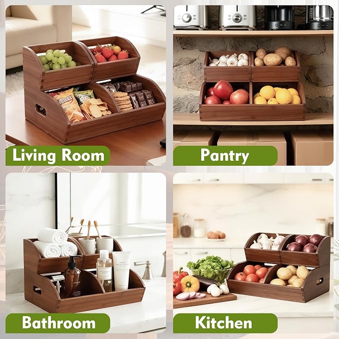 Potato and Onion Storage Bin for Pantry and Kitchen, Ventilated Stackable Bamboo Storage Bins with Handles - Multipurpose Organizers, Produce Containers for Bread, Vegetable, Fruit (Walnut, 3 Pack)