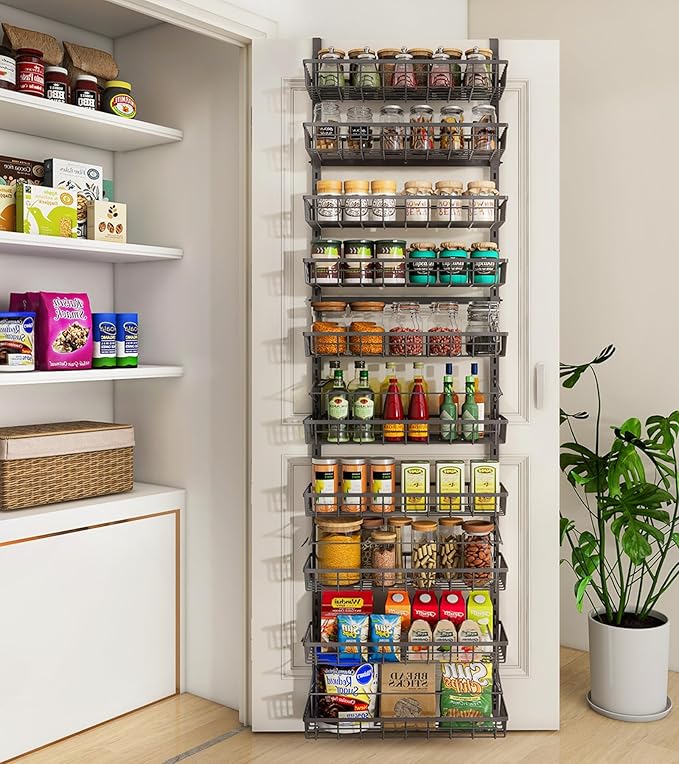 Mefirt 10-Tier Over The Door Pantry Organizer, Pantry Organization and Storage, Black Metal Hanging Adjustable Basket, Wall Spice Rack Seasoning Shelves, Home & Kitchen Essentials