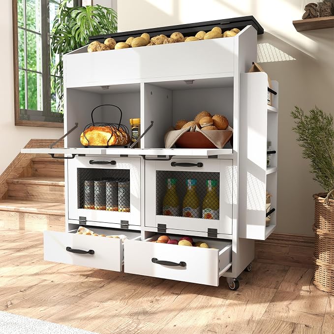 Verano Garden Large Potato and Onion Storage Bin on Wheels, Wood Bread Box w/Lid & Mesh Doors, 4-Tier Rolling Fruit and Vegetable Storage Organizer w/Grocery Section & Side Rack (White, 31.5")