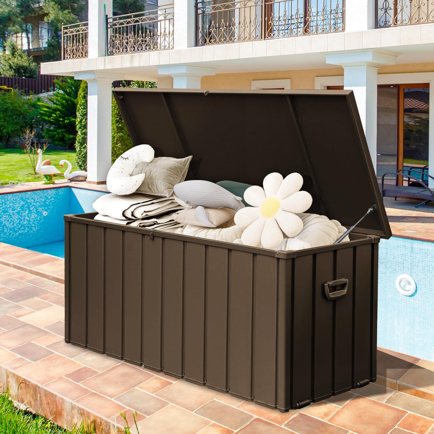 SHPAI 190 Gallon Metal Deck Box, Waterproof Steel Outdoor Box, Large Patio Furniture Storage Cabinet, Lockable Storage Bench for Porch Package Delivery, Pillows, Cushions, Pool, Tools, Backyard, Brown