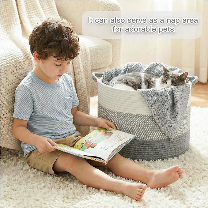 Artfeel 70L Large Cotton Rope Basket, Decorative Woven Blanket Storage for Living Room, Boho Toy Storage & Toy Box for Kids, Versatile Laundry Basket & Nursery Hamper for Blankets(Grey)