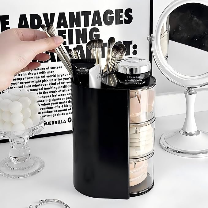 Azurphoric Hair Accessories Organizer with Hair Brush Holder, Rotatable Makeup Brush Holder for Necklaces, Earring, Bracelet, Ring, Makeup Brushes, Hair Clip and Hair Accessories (Black, 3-Layer)