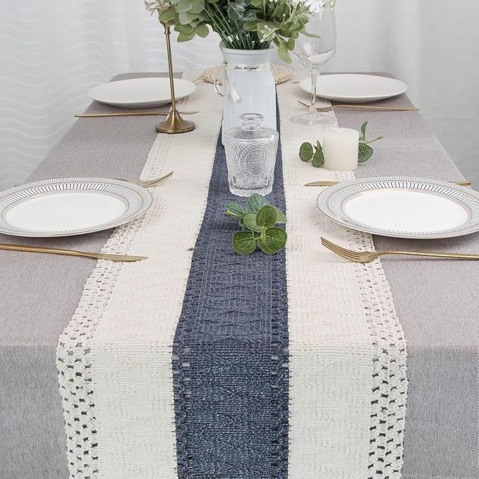 FEXIA Boho Blue Table Runner 90 Inches Long with Tassels Macrame Farmhouse Summer Style Graduation Party Rustic Wedding Baby Shower Dining Kitchen Living Room Decor (12x90 Inches)