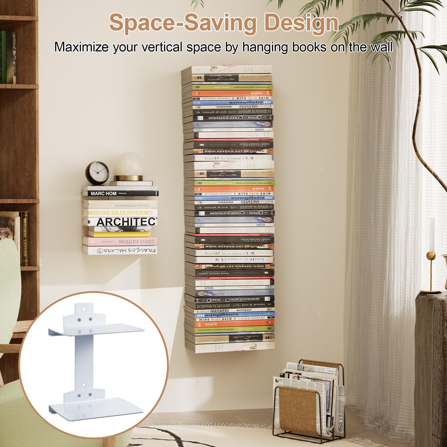 Cozcty Invisible Book Shelf Floating, 6-Tier White Floating Shelves for Wall, Heavy Duty Metal Book Organizer Holders Vertical Hanging Space-Saving for Bedroom Office Room