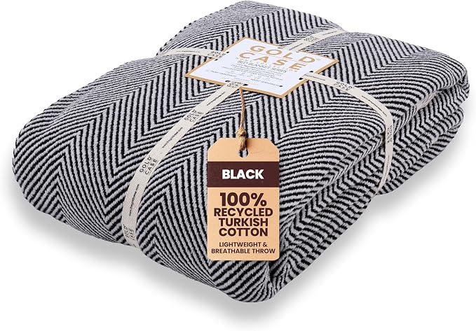 Gold Case Throw Blanket for Bed - 100% Recycled Turkish Cotton Blanket - Elegant Lightweight Soft Throw Blankets for Bed & Living Room - Queen Size Cozy Blankets - 90x90 - Black