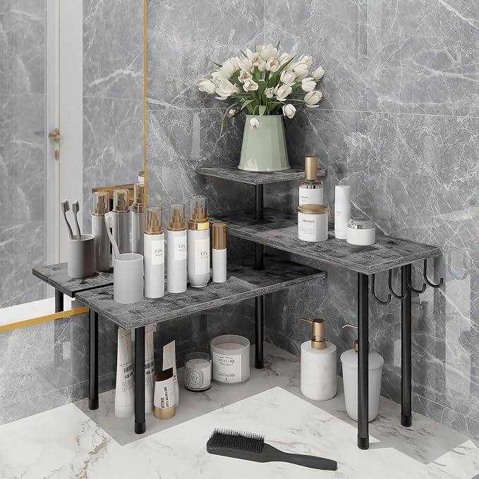 Homode Kitchen Countertop Organizer, 3 Tier Corner Shelf Bathroom Counter Organizer, Wooden Counter Shelf Stand Space Saver, Easy Assembly, Rustic Grey