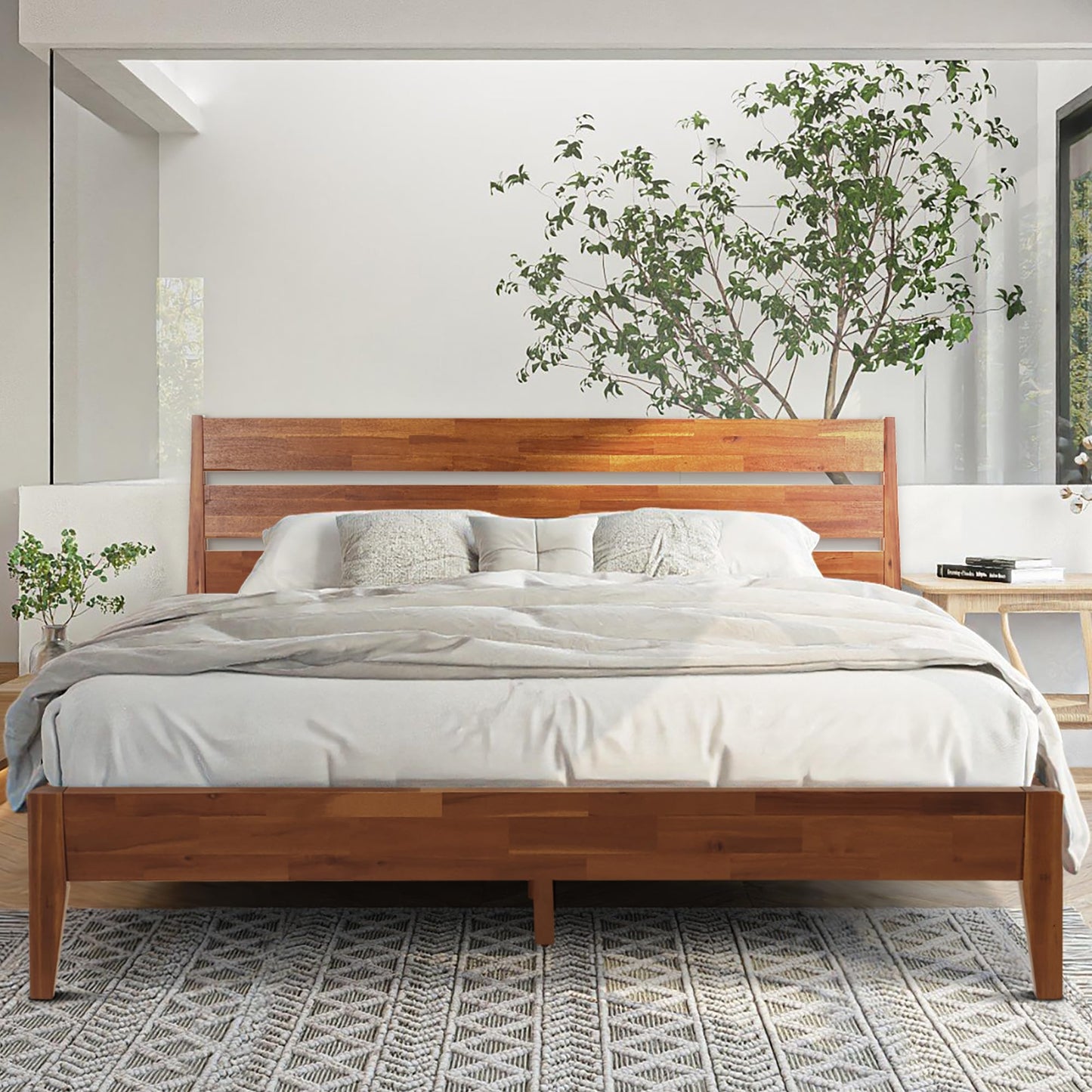 Acacia Emery Bed Frame with Headboard Solid Wood Platform Bed, King Size Bed Frame, Mid - Century Modern Wood Bed Compatible with All Mattresses, Easy Assembly, Non-Slip, Walnut