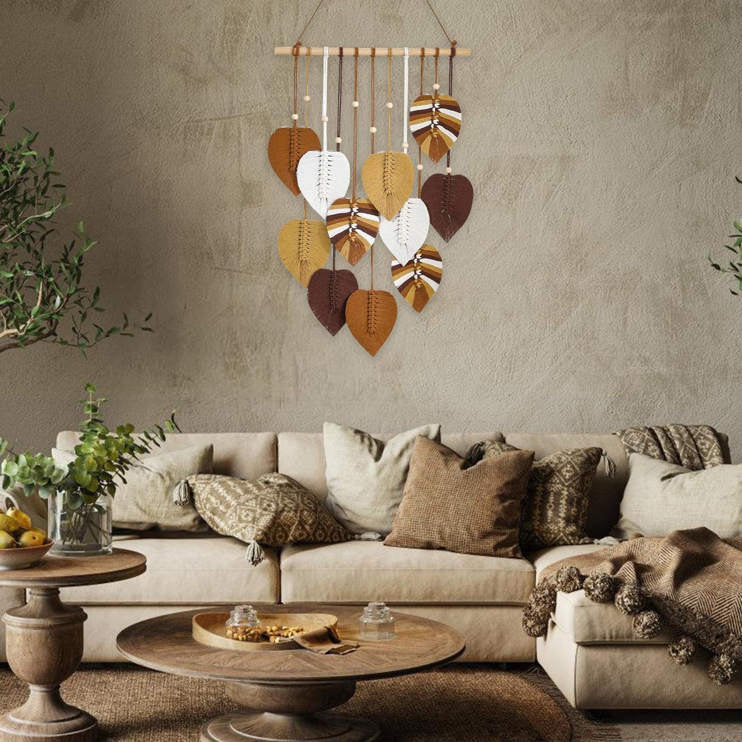 REIKOMO Macrame Wall Hanging Tapestry, Boho Wall Decor with Leaf and Feather Design, Handmade Boho Wall Art for Bedroom, Living Room, Dorm