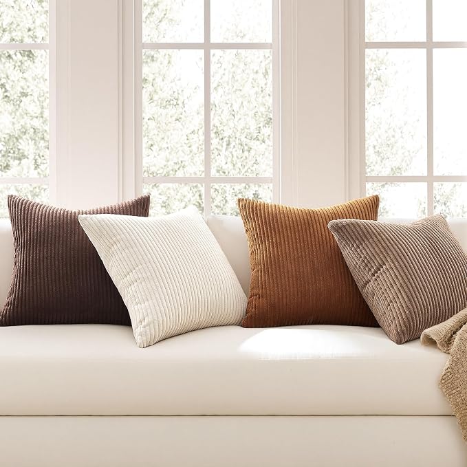 Topfinel Gold Brown Throw Pillow Covers Rustic Modern Soft Corduroy Striped Decorative Cushion Cover 16x16 Inch Gradient Farmhouse Pillow Case Set of 4 for Sofa Couch Living Room Bedroom