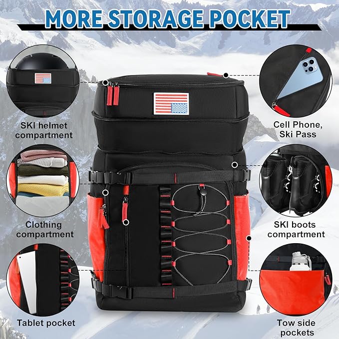 Ski Boot Bag, 65L Ski Boot Bag Backpack Large Ski Boot Travel Backpack Waterproof Ski Bag Ski Equipment Bag for Skis Snowboard & Accessories