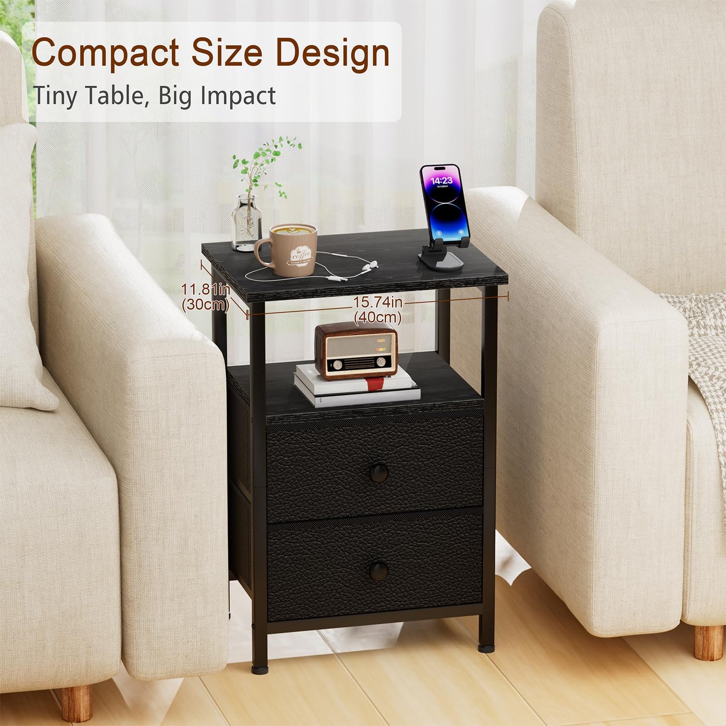 LOAKEKEL Night Stand, Nightstand with 2 Fabric Drawers for Bedroom, Small End Table with Open Storage Shelf for Living Room, Bedisde Table for Apartment, Black, HETS002BK-1