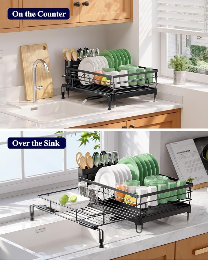 Kitsure Extendable Dish Drying Rack - Rust-Resistant Dish Racks for Kitchen Counter with Adjustable Support Legs, Cutlery Holder & Removable Draining Tray (Black, 15.6''-25.2''L × 16.9''W × 8.1''H)