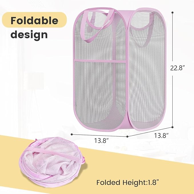 2 Pack Strong Mesh Pop-up Laundry Hamper, Quality Pop Up Hampers for Laundry with Durable Handles Solid Bottom High Carbon Steel Frame, Easy to Open and Fold Flat for Storage(Light Pink)