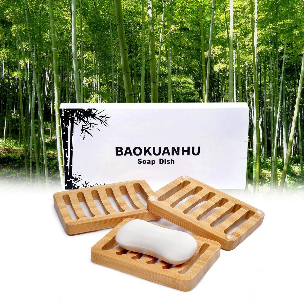3 Pack Bamboo Wood Soap Dish Bar Soap Holder with Self Draining Tray Natural Waterfall Drain Soap Saver for Shower Bathroom Kitchen