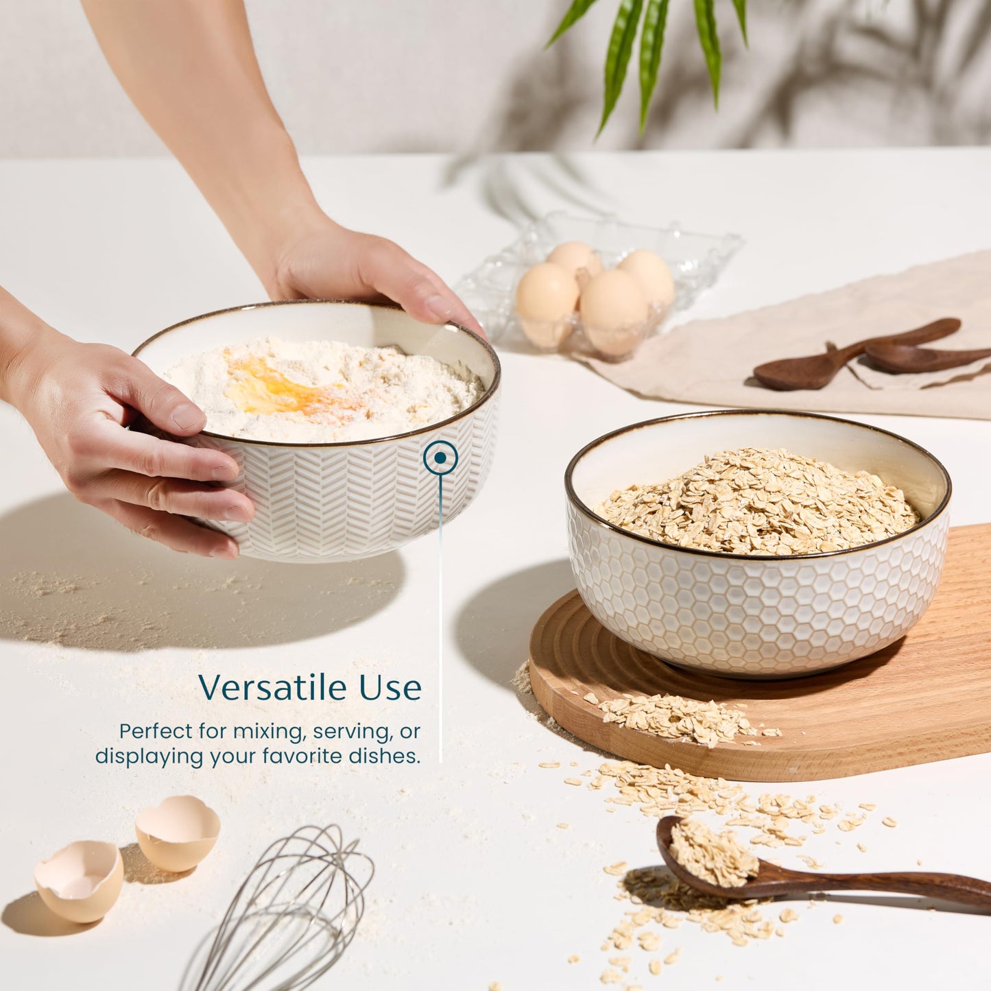 KooK Ceramic Salad Bowls, Embossed Large Kitchen Bowls, For Serving Pasta, Soup, Fruits, Microwave and Dishwasher Safe, Cream with Dark Copper Accents, Set of 2, 60 oz, Narbonne Collection