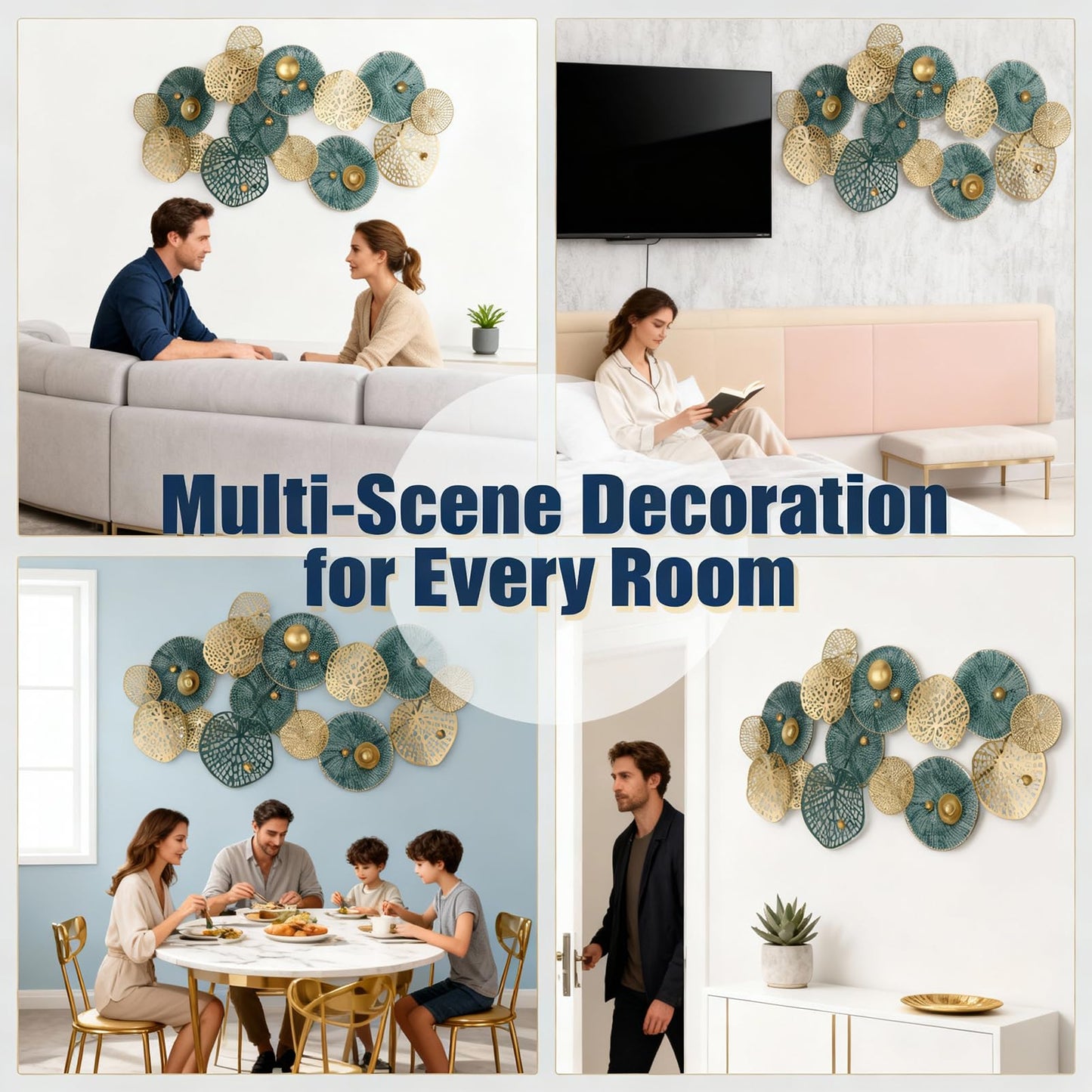 Large 3D Metal Wall Art, 50"L x 26"W Modern Blue & Gold Lotus Leaf Wall Sculpture, Luxury Coastal Home Decor for Living Room Bedroom, Elegant Gift for Housewarming Wedding Mother's Day for Homeowners