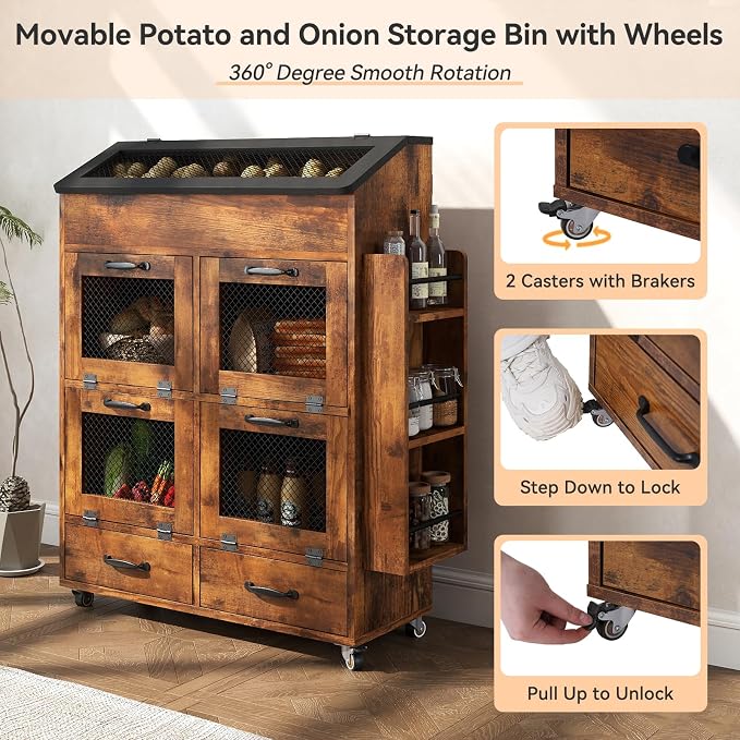 Verano Garden Large Potato and Onion Storage Bin on Wheels, Wood Bread Box w/Lid & Mesh Doors, 4-Tier Rolling Fruit and Vegetable Storage Organizer w/Grocery Section & Side Rack