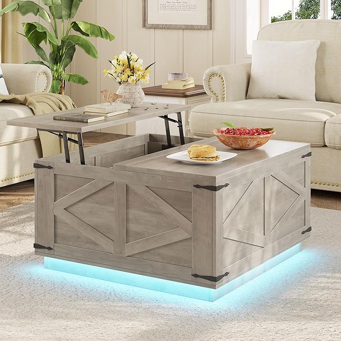 Jocoevol Farmhouse Lift Top Coffee Table, Square Wood Center Table with LED Lighting, USB-C Charging Station, and Hidden Storage Compartment - Rustic Grey Living Room Furniture