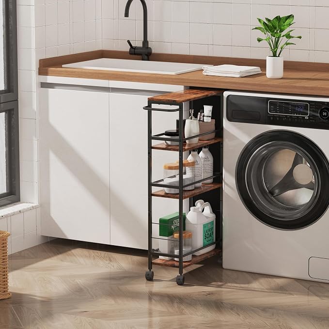 Slim Rolling Cart, 4-Tier Kitchen Storage Rolling Cart, Narrow Cart with Handle, Mobile Utility Cart for Small Space, Shelving Unit for Kitchen, Dining Room, Living Room, Home Office, Laundry Room