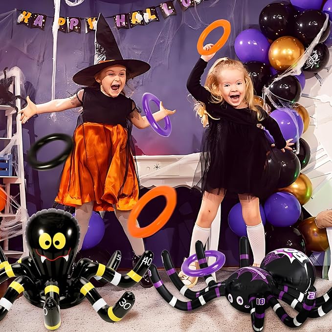 Max Fun Halloween Ring Toss Games for Kids, 2 Pack Inflatable Spiders Set Halloween Party Favor Supplies Holiday Carnival School Decoration Outdoor Indoor Spooky Creepy Game