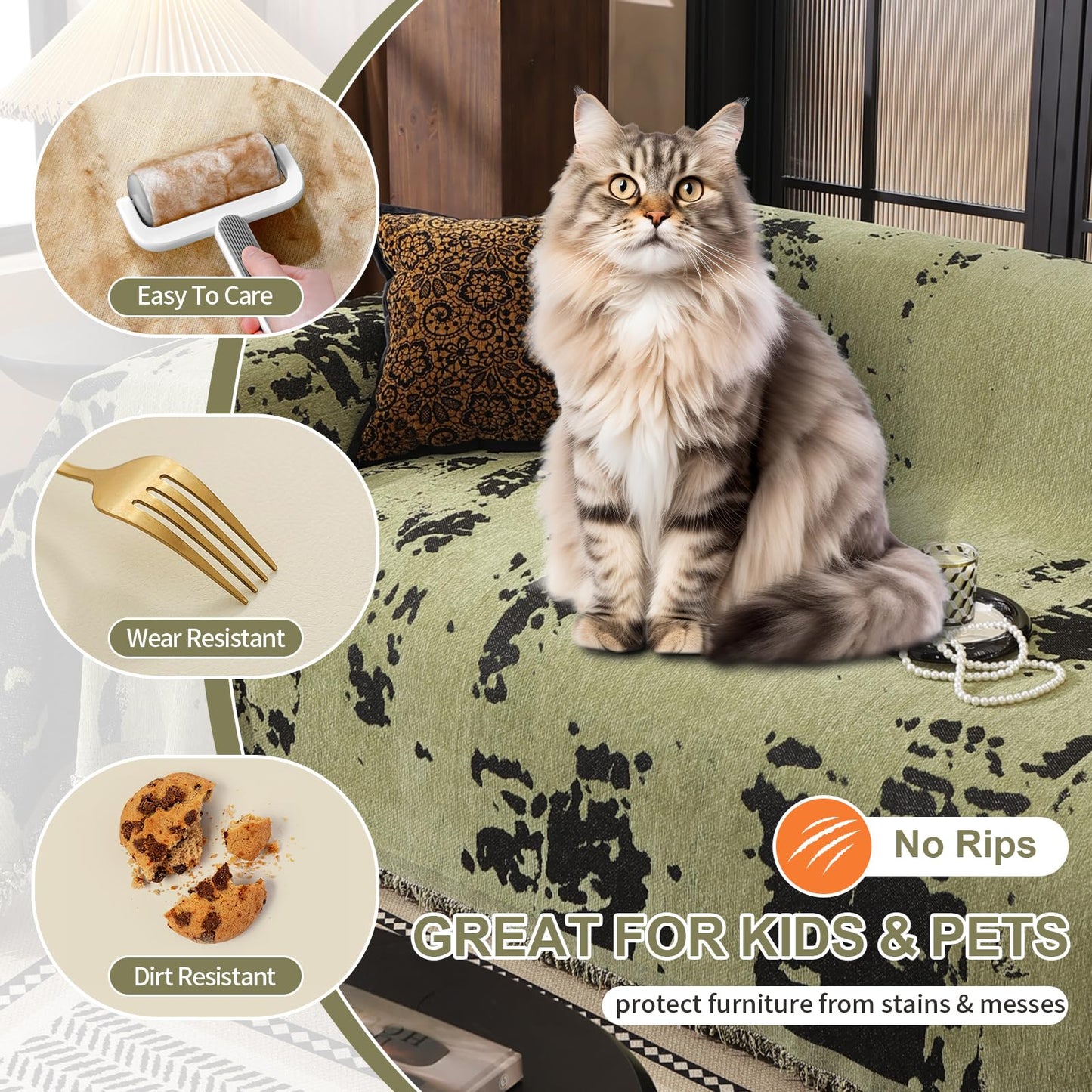 HANDONTIME Abstract Couch Cover for Dogs Green and Black Couch Cover Blanket for 2 Cushion Sofa Modern Aesthetics Sofa Covers Washable Pet Friendly Chenille Pet Protector Furniture Covers, 71" X 118"