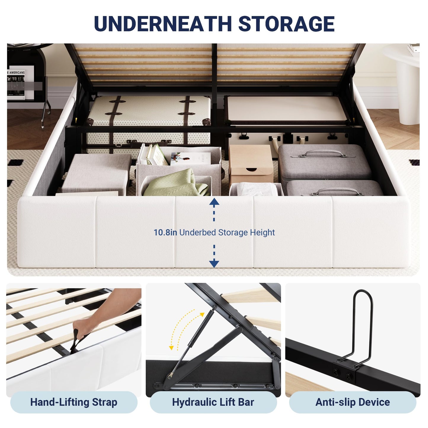 Allewie Full Size Velvet Lift Up Storage Bed Frame, Vertical Channel Tufted Headboard, Hydrualic Underneath Storage, Upholstered Platform Bed, Wooden Slats Support, No Box Spring Needed, White