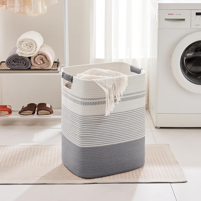 85L Tall Laundry Hamper with Handles for Living Room Storage, Extra Large Woven Rope Baskets Bin for Blanket, Kids Toy, Gifts, Wicker Hamper for Bedroom Dirty Clothes, 17"x14"x22" White Grey