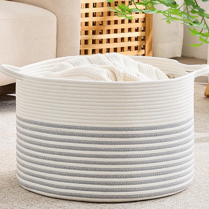 KAKAMAY Cotton Rope Storage Basket (20"x13"),Woven Hamper for Blankets,Toys,Pillows,Clothes,Laundry,Sturdy Handles Decorative Basket for Living Room, Bedroom,Nursery(Grey/Beige)