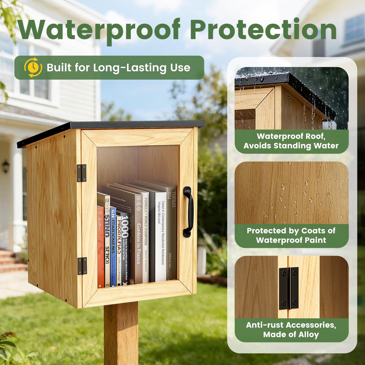 Outdoor Library Book Box Storage, Waterproof Solid Wood Cabinet for DIY, Community & School Sharing – Weatherproof Neighborhood Book Exchange for Literature, Magazines & Newspapers(13"W x 12"D x 17"H)