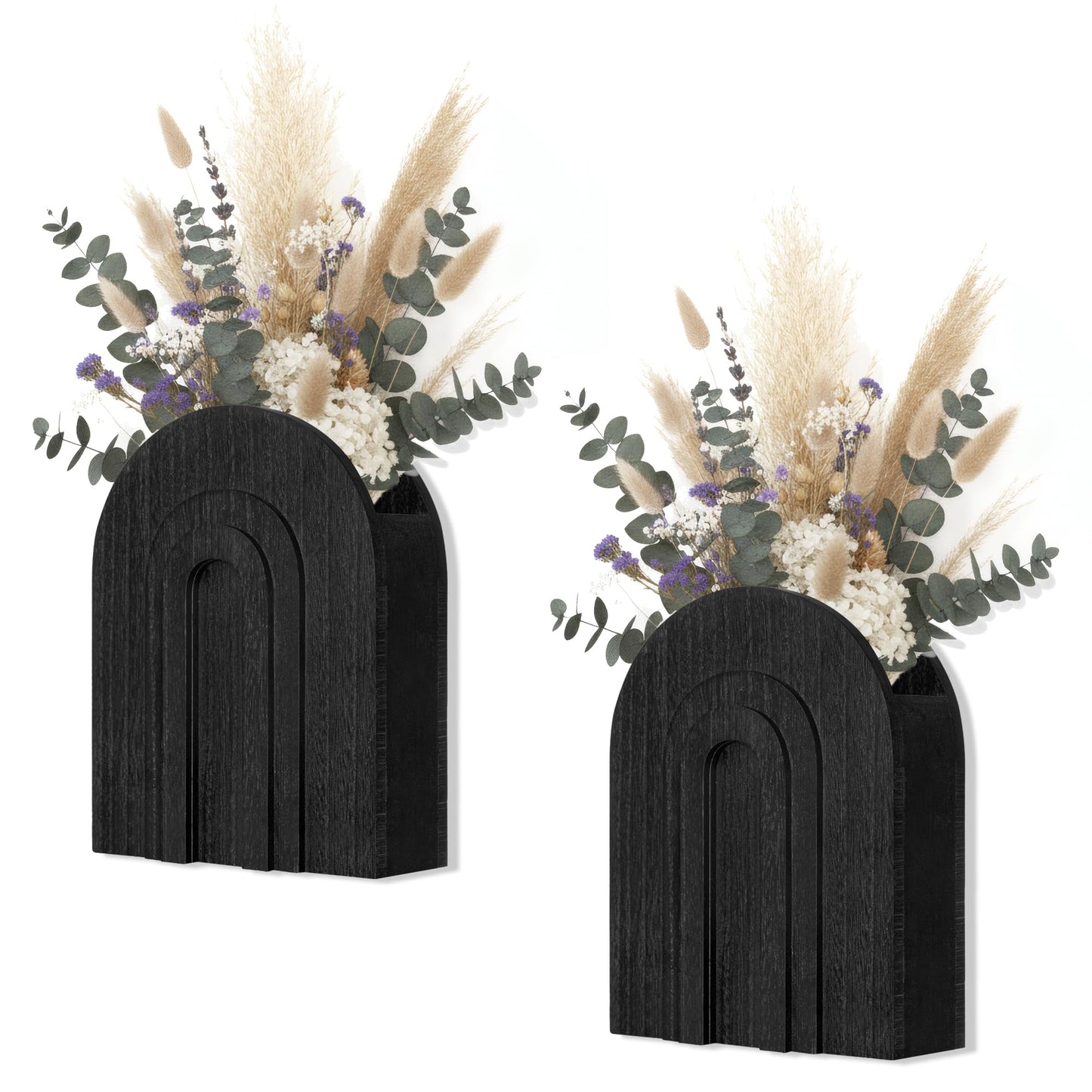 2 Pack Black Wooden Wall Vase for Pampas Grass & Dried Flowers, Modern Minimalist Decor for Living Room Bedroom, Hanging Wall Plant