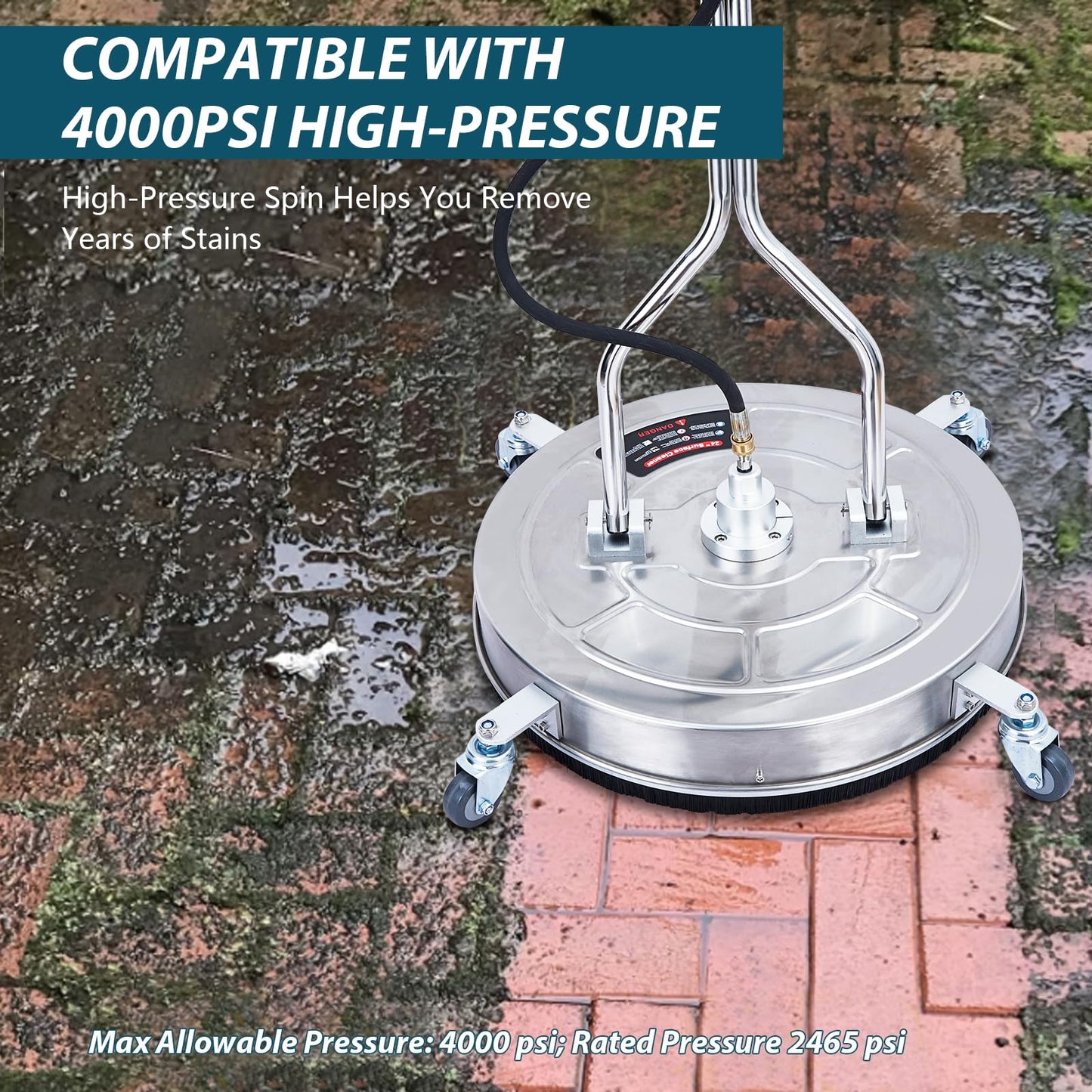 Kiarixo 24" Pressure Washer Surface Cleaner with Dual Handle 4 Wheels, 3/8" Connector, 2 Replacement Nozzles, Stainless Steel Power Washer Housing Accessory for Driveways Decks Sidewalk Patio Cleaning