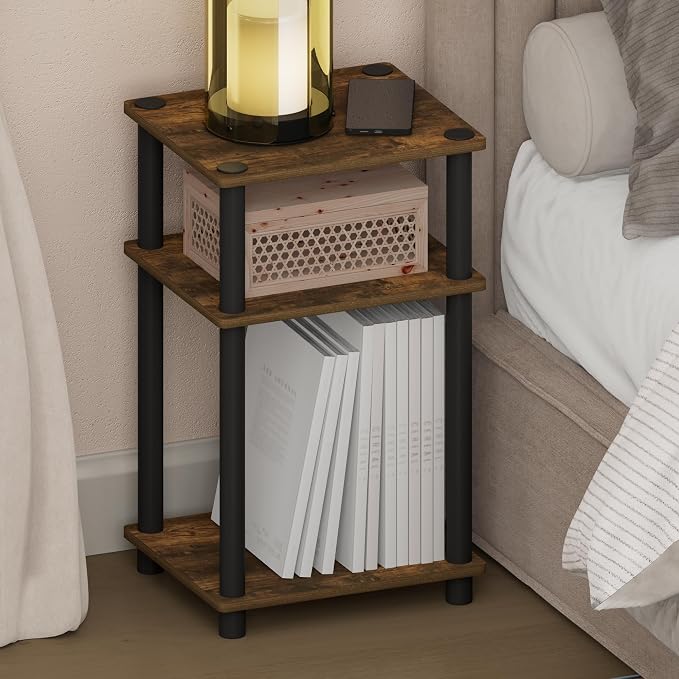 Furinno JUST Night Stand, 3-Tier Turn-N-Tube Nightstand, Toolless Bedside Table, End Table, Side Table with Open Storage for Bedroom, Closet, Dorm, Americano