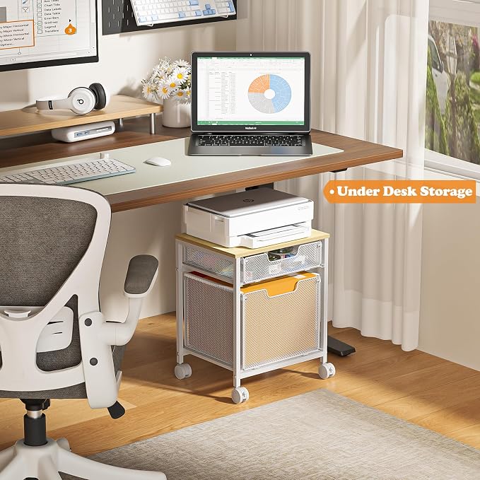 Tiaoheka Rolling File Cabinet Cart, Printer Stand with Storage Drawer, Mobile Filing Cabinet on Lockable Wheel, Hanging File Folder Organizer Beside Under Desk for Office Home, White (Patent Pending)