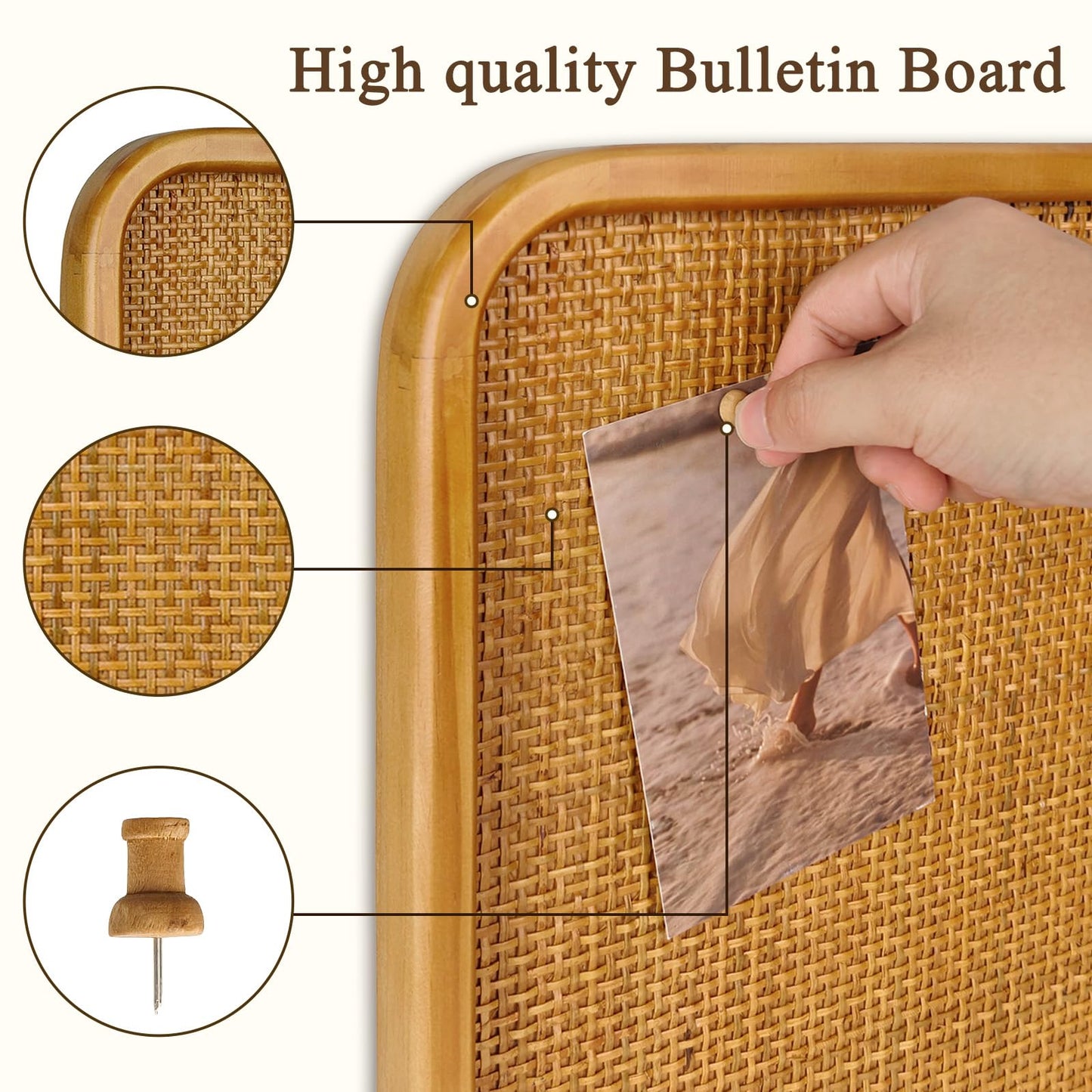 Umtiti 13" x 17" Bulletin Board, Round-Edged Rectangle Cork Board，Wooden Frame with Boho Style Rattan Wall Organizer,3343Teng