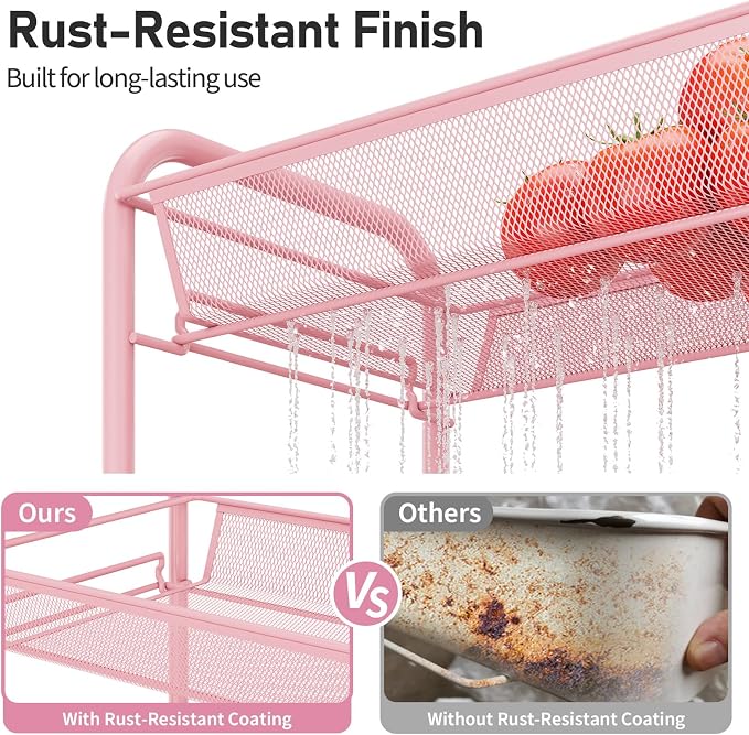 TOOLF 4 Tier Rolling Utility Cart - Durable Metal Design Pink Utility Cart, Storage Trolley on Wheels with 3 Hooks, Perfect for Kitchen, Bathroom & Laundry Room Organization