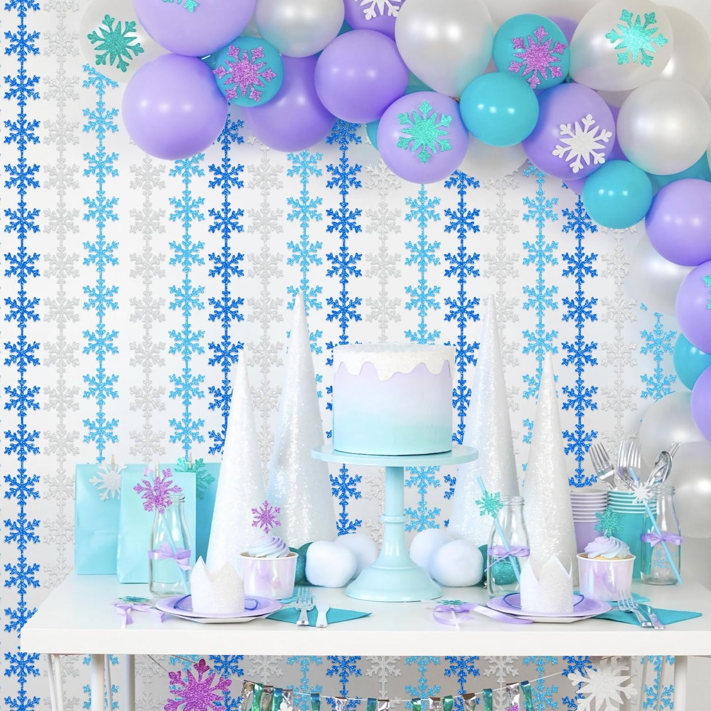 Avikosi 2 Pack Snowflake Foil Fringe Curtains, 3.3×6.6 ft Blue Tinsel Backdrop Streamers for Frozen Theme Birthday, Winter Wonderland Party, Baby Shower, Holiday Wall Decor