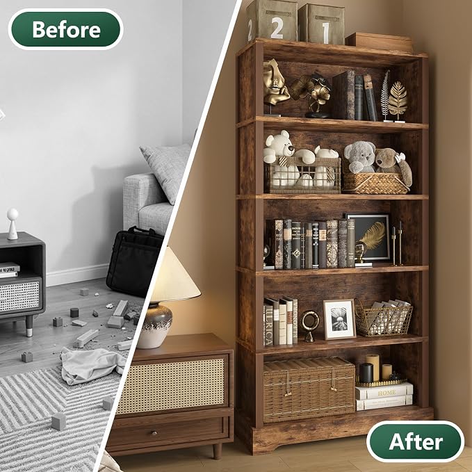 TVU 5-Tier Wooden Bookshelf, 65" Tall Farmhouse Style Open Bookcase, 31.5" W Standing Book Shelf with Storage, Suitable for Study, Living Room, Office, Rustic Brown