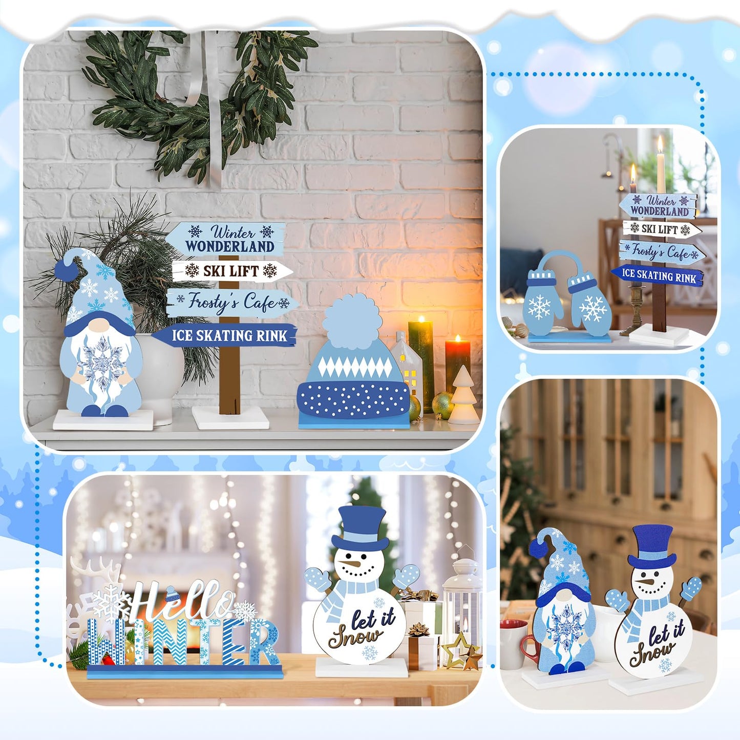 Barydat 6 Pcs Winter Wooden Table Decorations Snowman Snowflake Wooden Centerpieces for Party Black White Blue Tabletop Block Signs Winter Tiered Tray Decor for Home Office Kitchen(Snowman)